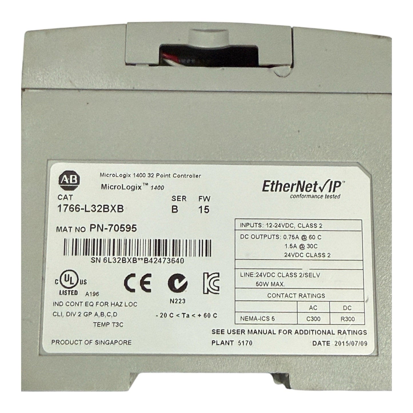 Allen-Bradley MicroLogix 1400 32 Point Controller 1766-L32BXB - EtherNet/IP