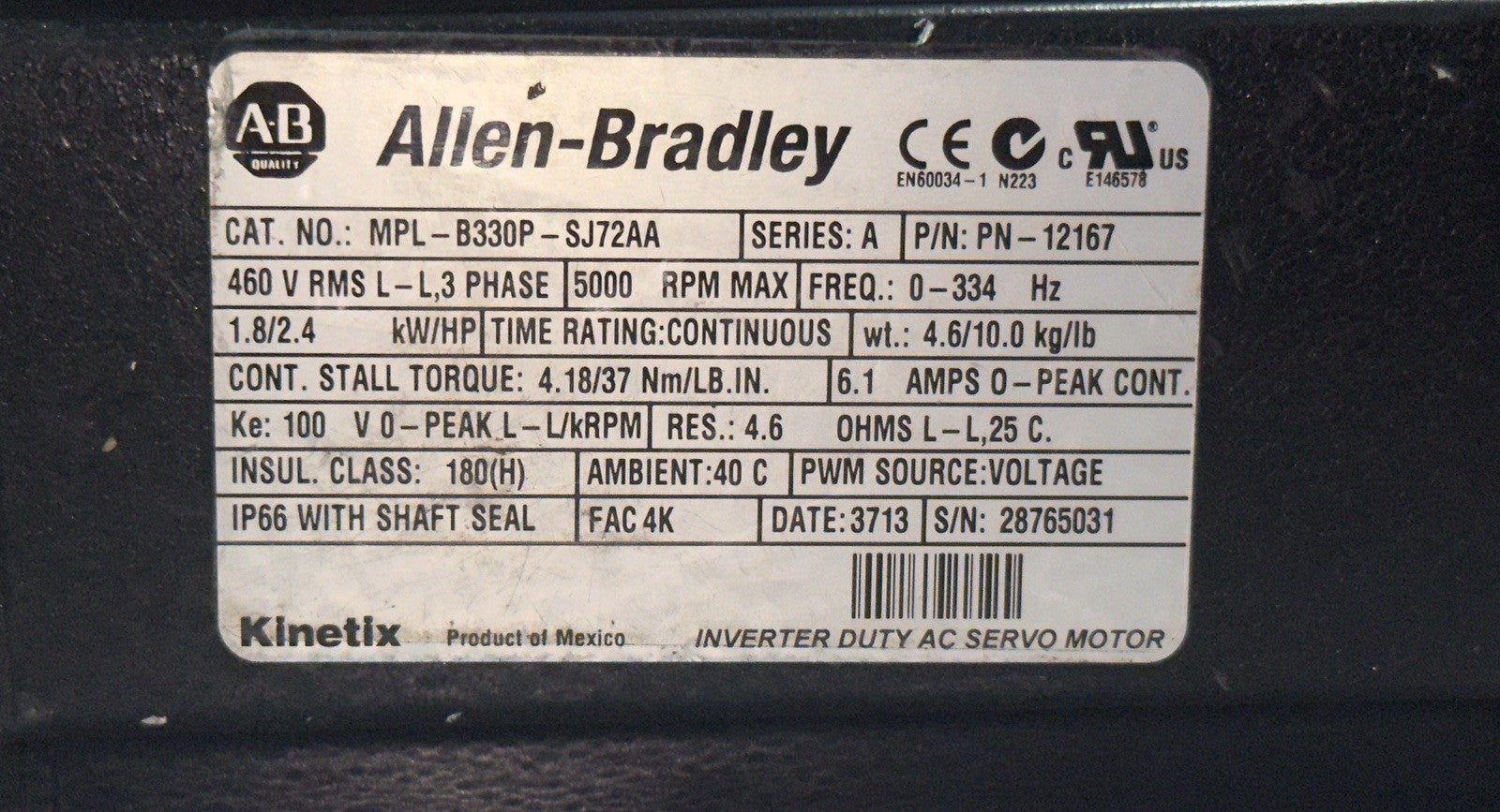 Allen-Bradley MPL-B330P-SJ72AA Kinetix Inverter Duty AC Servo Motor- Without Box