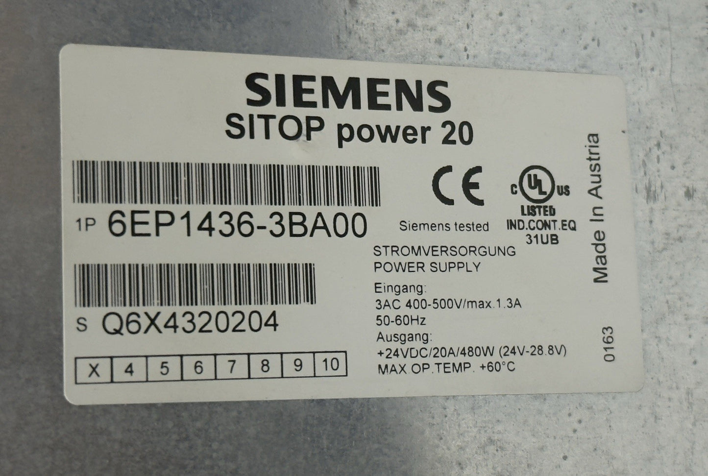 SIEMENS SITOP POWER SUPPLY 20a/24v DC 6EP1436-3BA00