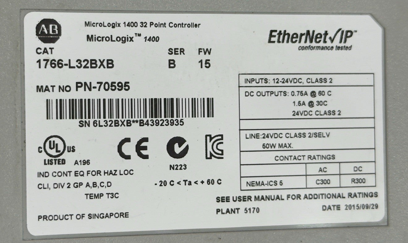AB Micrologix 1400 PLC 1766-L32BXB With CH ANALOG INPUT Module 1762-IF4  + Cable