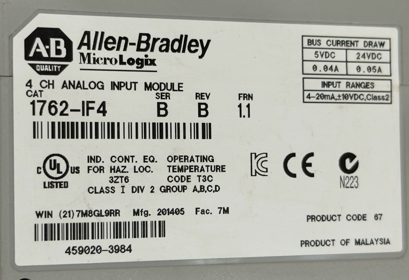 AB Micrologix 1400 PLC 1766-L32BXB With CH ANALOG INPUT Module 1762-IF4  + Cable
