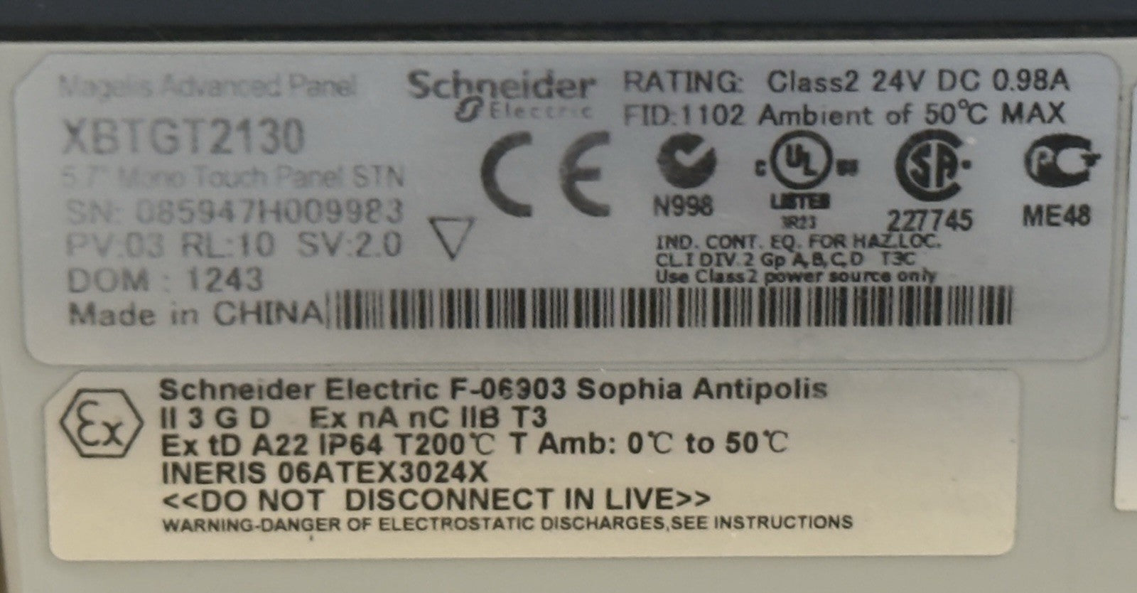 Schneider Magelis XBTGT2130 Touchscreen HMI Panel - For Parts Or Not Working