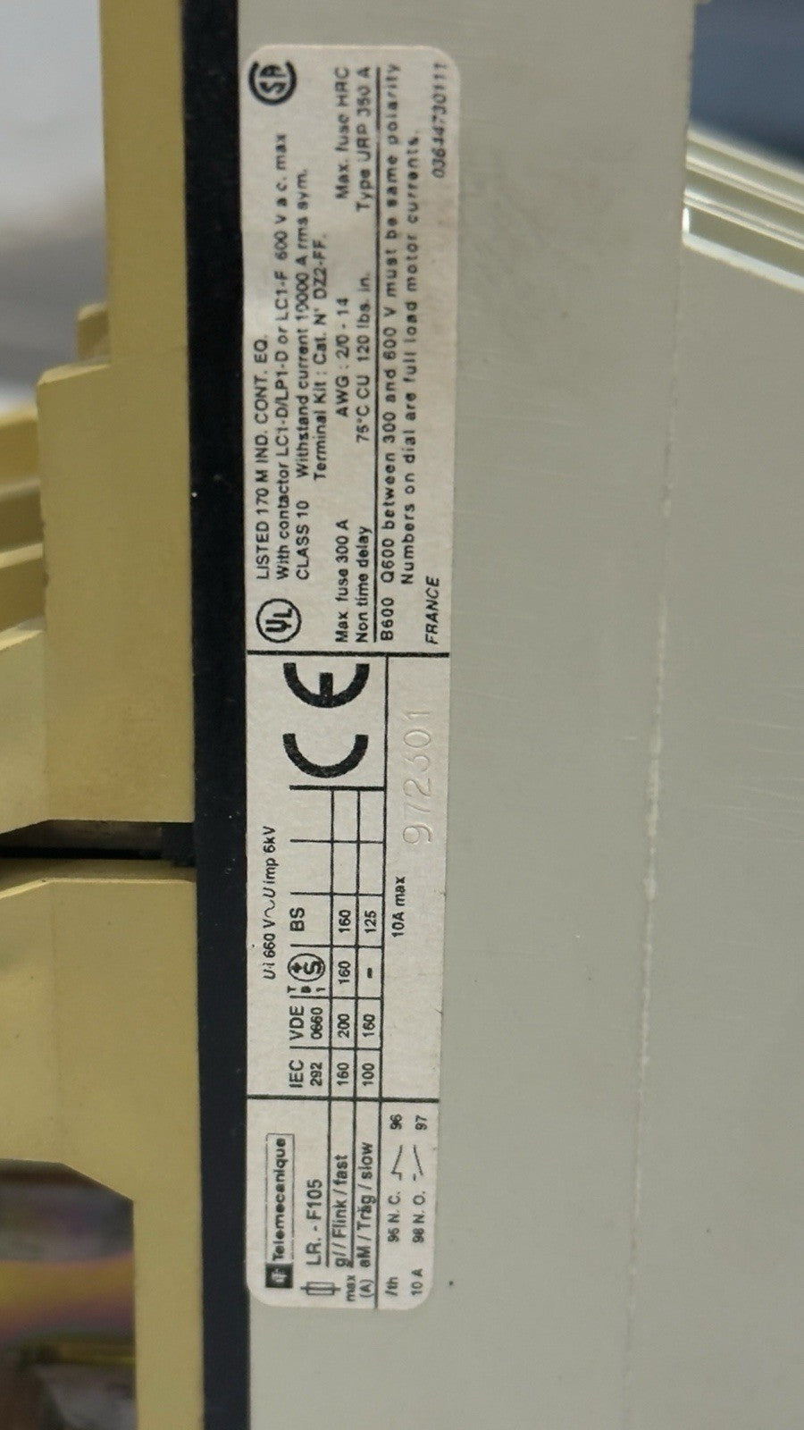 TELEMECANIQUE LR1F105 THERMAL OVERLOAD RELAY 75-105 A