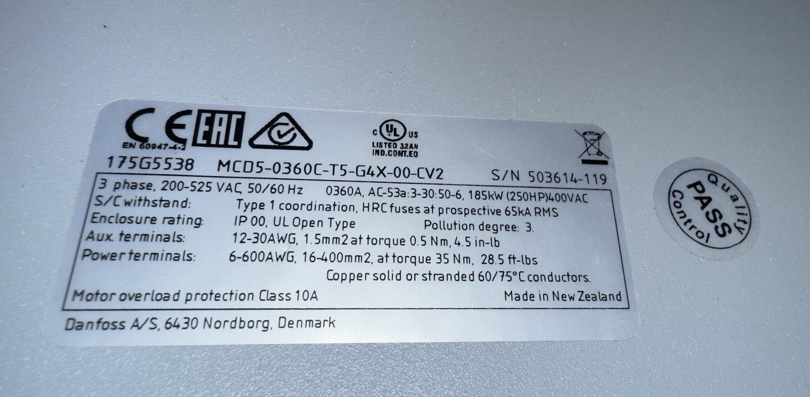 Danfoss VLT MCD5-0360C-T5-G4X-00-CV2 Soft Starter