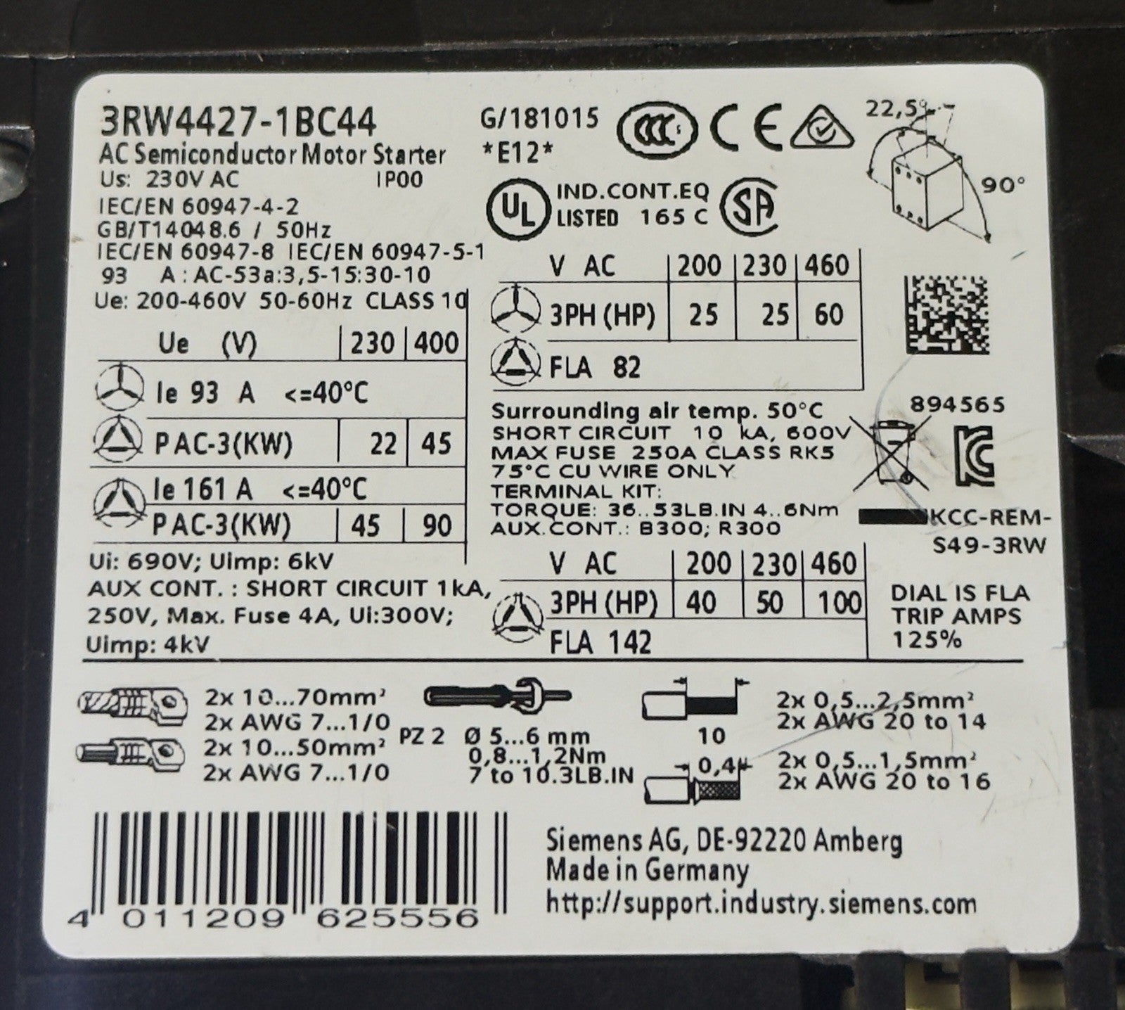 SIEMENS SIRIUS 3RW4427-1BC44 AC Semiconductor Motor Starter/ Soft Starter