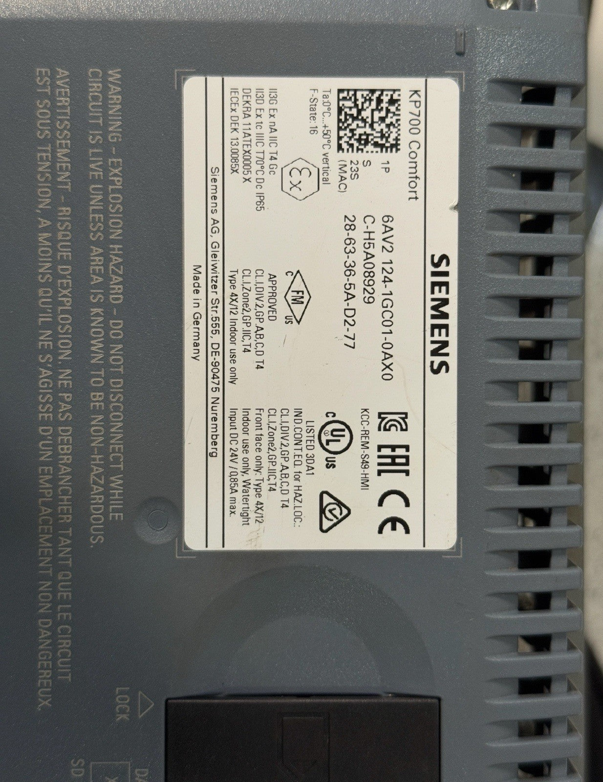 Siemens Simatic KP700 Comfort HMI Panel 6AV2124-1GCO1-0AX0