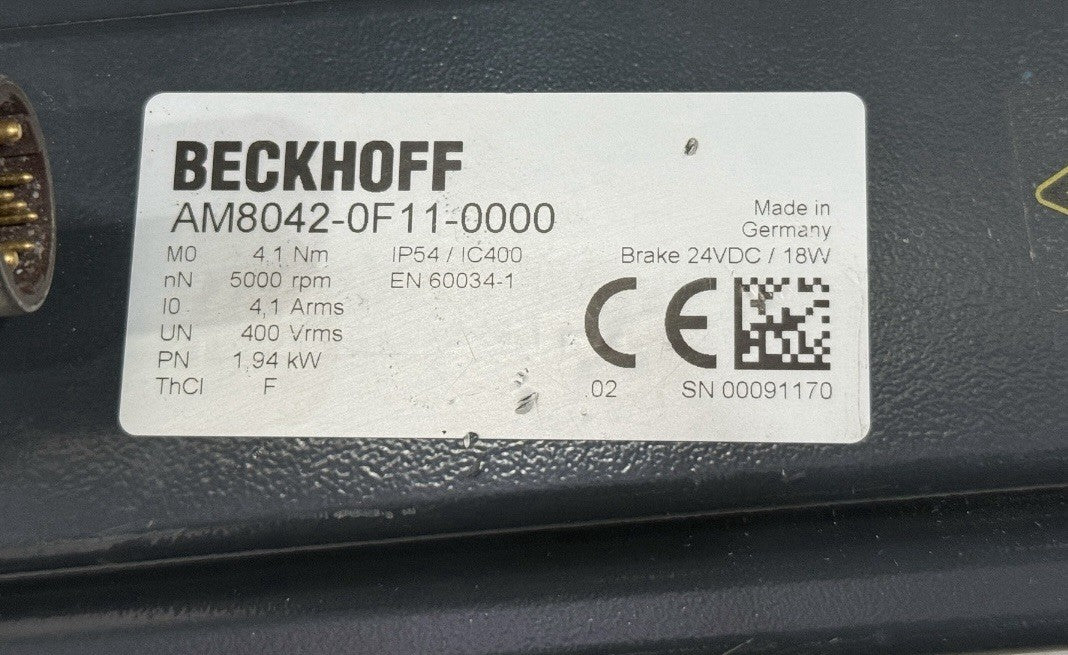 Beckhoff AM8042-0F11-0000 Servo Motor 4.1 Nm 5000 RPM 1.94 kW w/ Brake