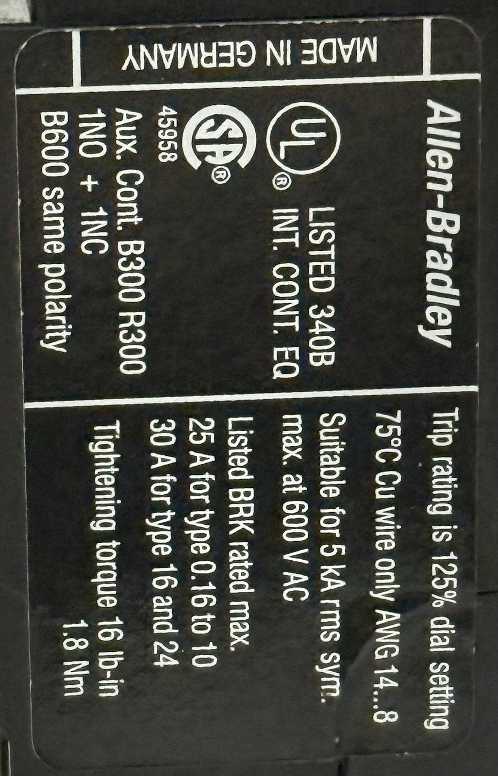 Allen-Bradley 100-C09*10 Contactor With 193-TA Relay 1.0 To 1.6 -Made In Germany