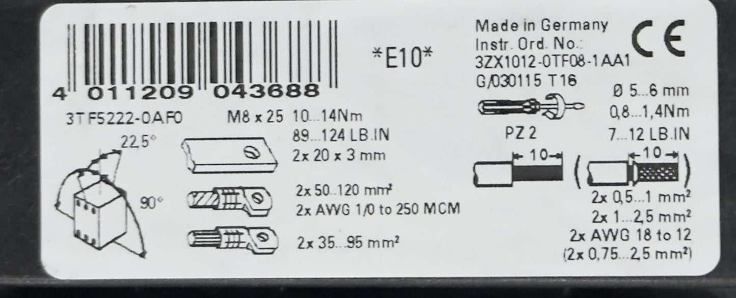 SIEMENS 3TF5222-0AF0 POWER CONTACTOR 3TF52 3POLE 110V AC COIL