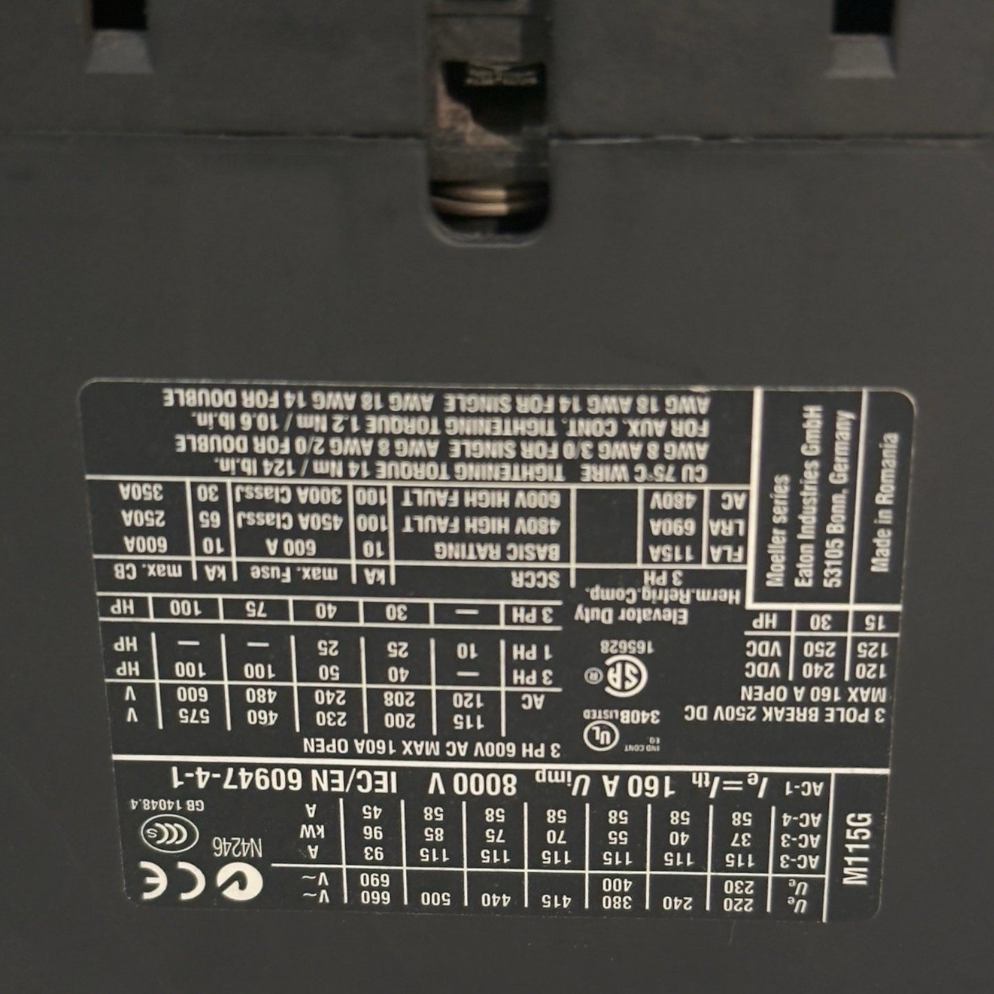 EATON DIL M115 CONTACTOR XTCE115G