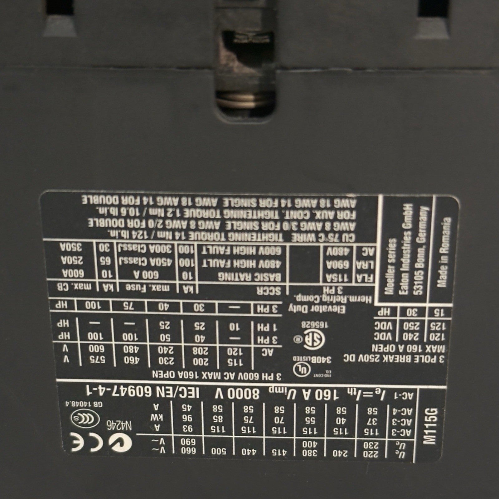 EATON DIL M115 CONTACTOR XTCE115G