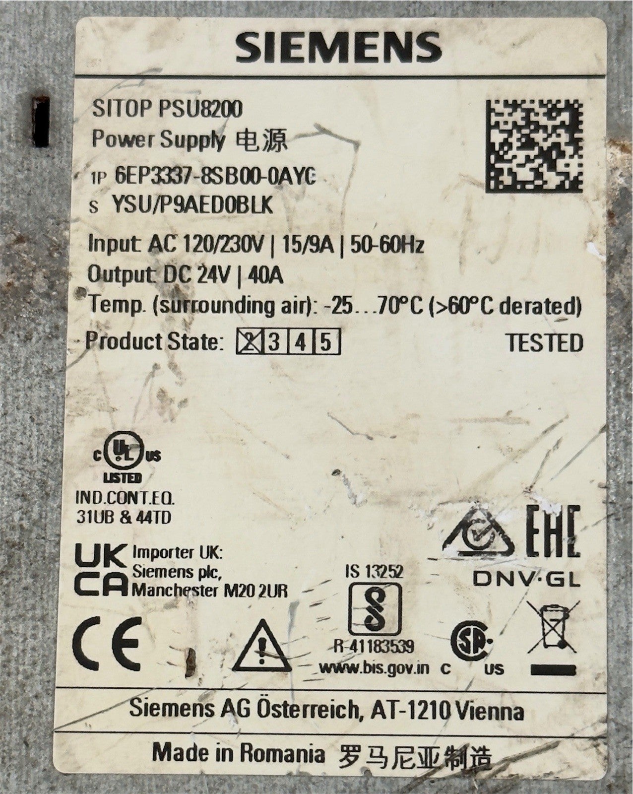 Siemens SITOP PSU8200 Power Supply 1P 6EP3337-8SB00-0AY0 DC 24V/40A- Tested Ok