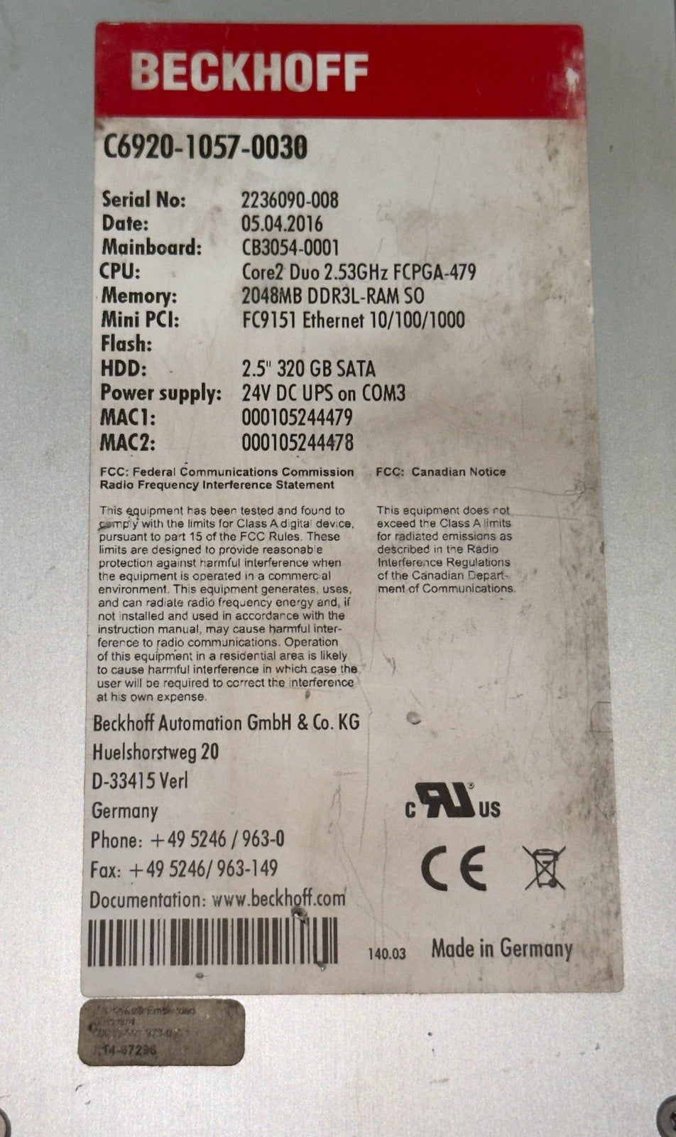 Beckhoff C6920-1057-0030 Industrial PC - Core2 Duo 2.53GHz, 2048MB RAM