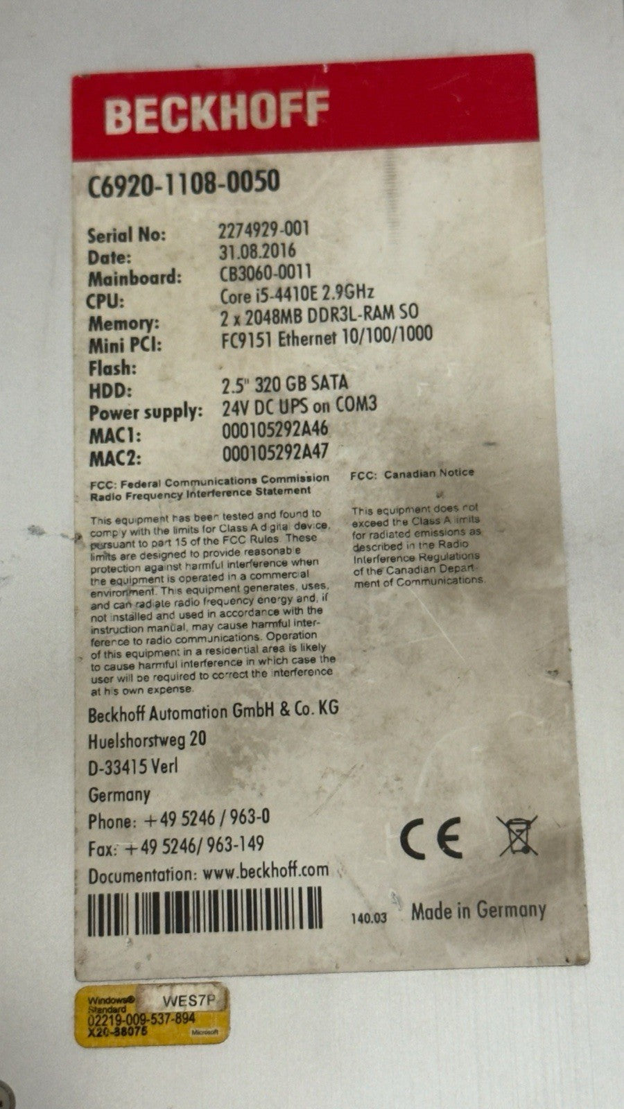 Beckhoff C6920-1108-0050 Industrial PC - Made In Germany