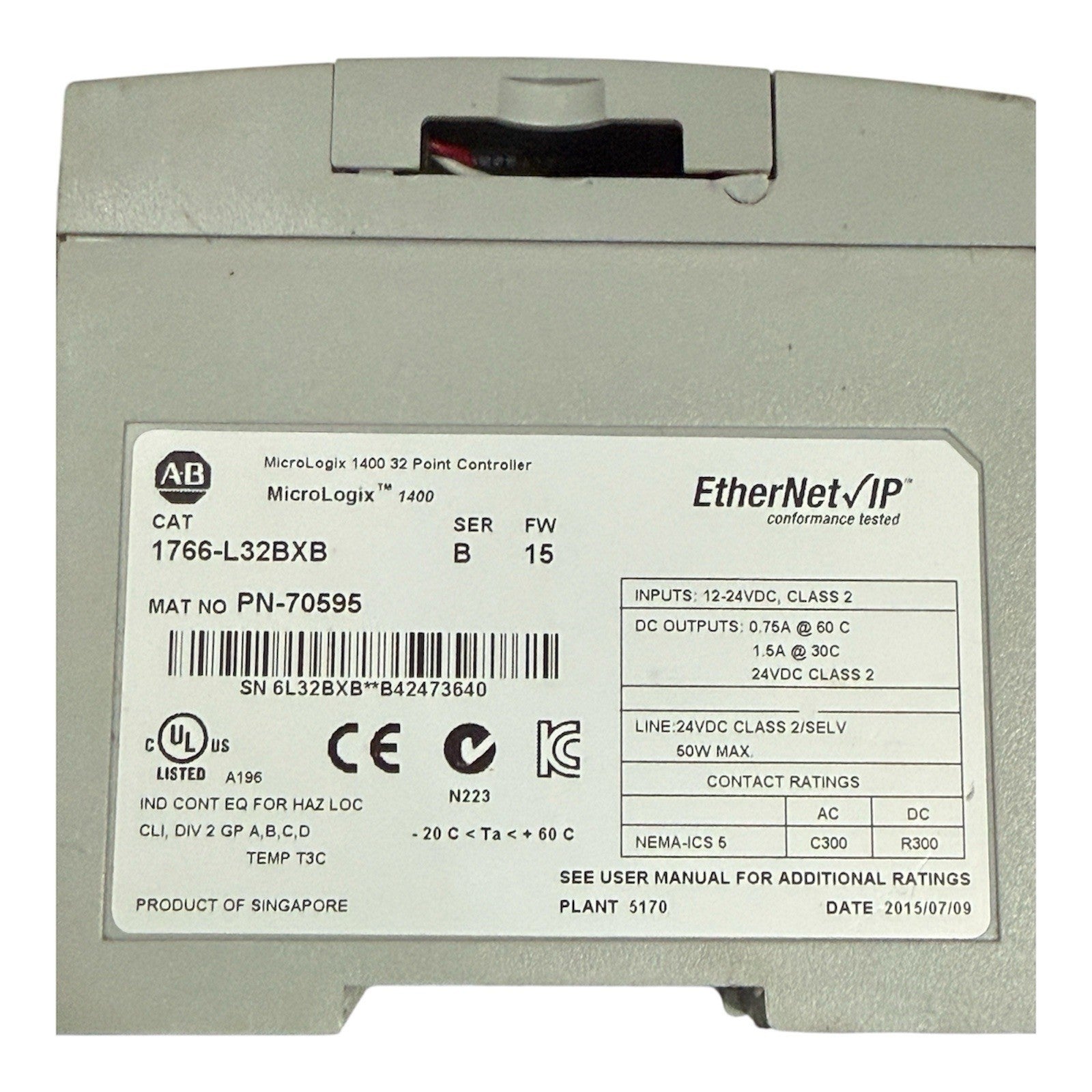 Allen-Bradley MicroLogix 1400 32 Point Controller 1766-L32BXB - EtherNet/IP