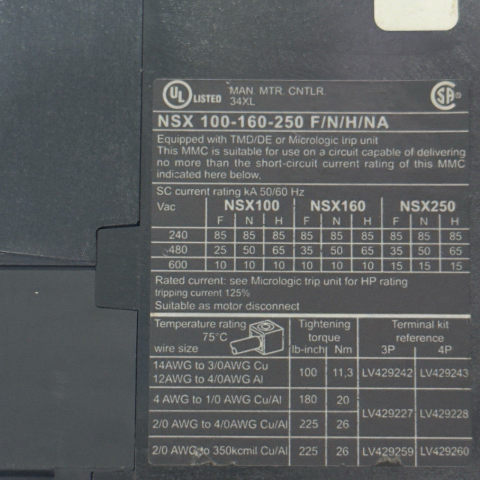 SCHNEIDER COMPACT NSX 100F CIRCUIT BREAKER 100 AMPS 3 POLE