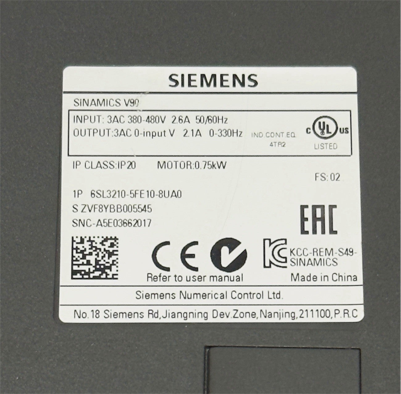 Siemens Sinamics V90 6SL3210-5FE 10-8UA0 Servo Drive